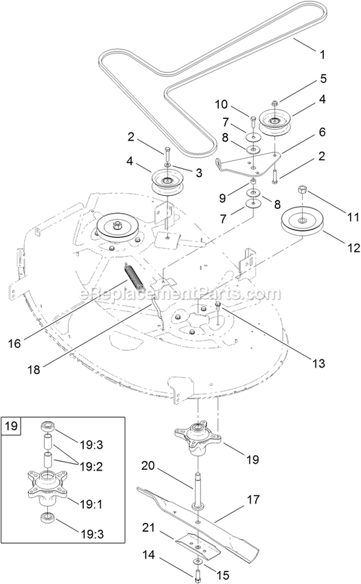 42 Inch Deck Belt, Spindle And Blade Assembly Diagram and Parts List for QTE651KA421 (312000000-312999999)(2012) Exmark Lawn Mower