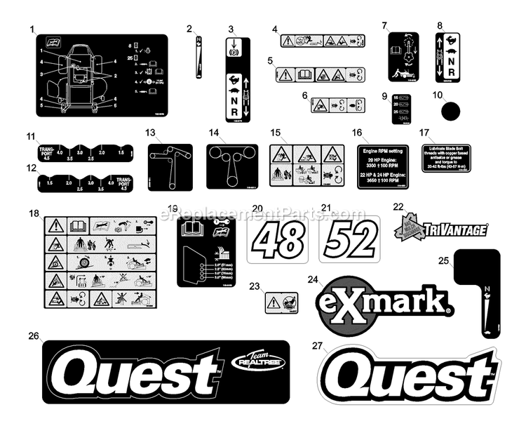 Decal Group Diagram and Parts List for QST20BE422 (790000-849999)(2009) Exmark Lawn Mower