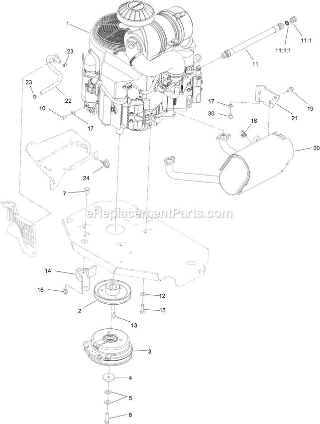 Engine, Muffler And Clutch Assembly Diagram and Parts List for LZE801GKA604B1 (316000000-399999999)(2016) Exmark Lawn Mower