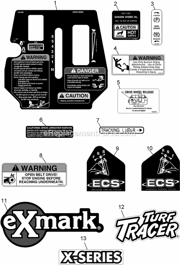 Decals Diagram and Parts List for TTX650EKCE (312000000-312999999)(2012) Exmark Lawn Mower