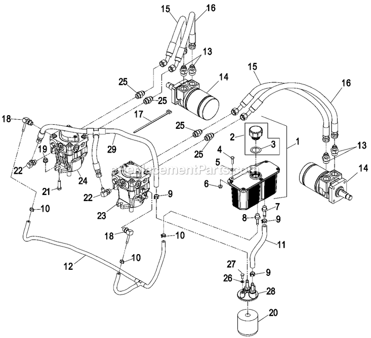 Hydraulics Group Diagram and Parts List for TT24KAE (850000-919999)(2010) Exmark Lawn Mower