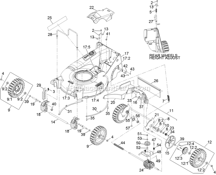 Deck And Wheel Assembly Diagram and Parts List for ECX180CKA21000 (316000000-399999999)(2016) Exmark Lawn Mower