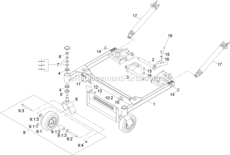 Deck Support Frame Assembly Diagram and Parts List for NVS730AKC48000 (402082300-404314158)(2018) Exmark Lawn Mower