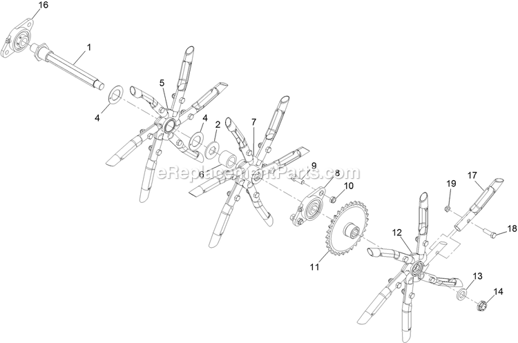 Lh Tine Wheel Assembly Diagram and Parts List for ARX440CKC24000 (404314159-406294344)(2019) Exmark Aerator