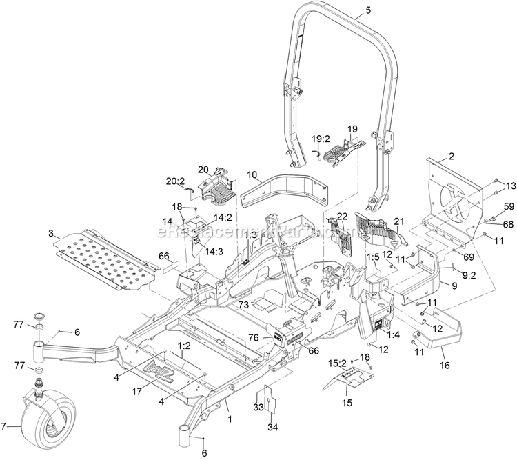 Main Frame Assembly Diagram and Parts List for LZX940EKC606 (314000000-314999999)(2014) Exmark Lawn Mower