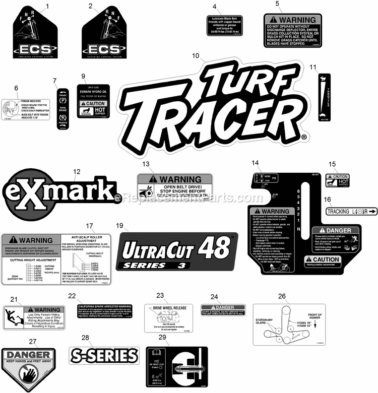 Decals Diagram and Parts List for TTS541KA483CA (314000000-314999999)(2014) Exmark Lawn Mower