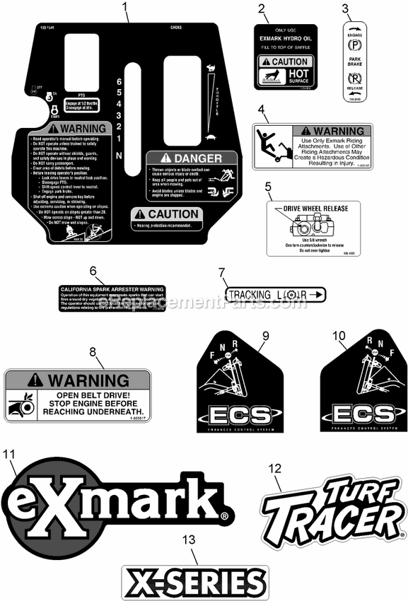 Decals Diagram and Parts List for TTX20KCE (920000-999999)(2011) Exmark Lawn Mower