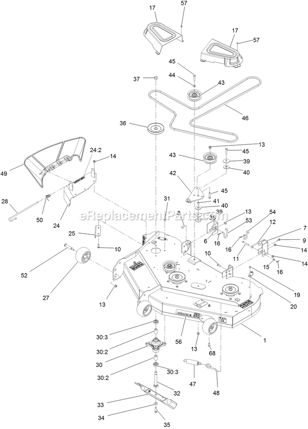 Deck Assembly Diagram and Parts List for QZS708GEM50200 (406294345-408644345)(2020) Exmark Lawn Mower