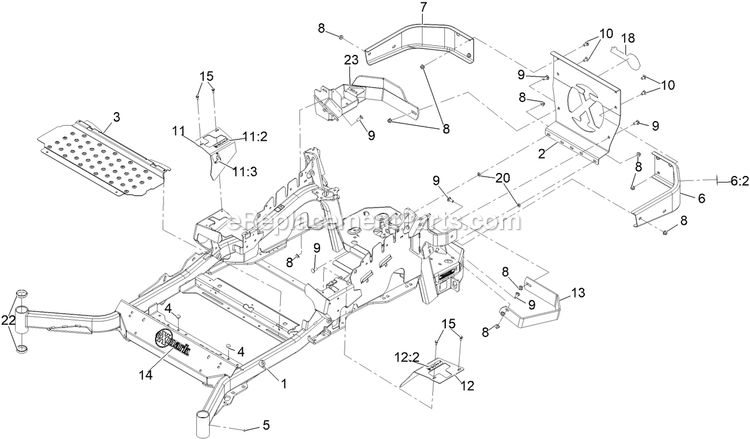 Main Frame Assembly Diagram and Parts List for LZX993EBV726X1 (411294212-999999999)(2022) Exmark Lawn Mower