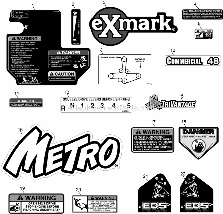 Decals Diagram and Parts List for MG16KA483CA (920000-999999)(2011) Exmark Lawn Mower