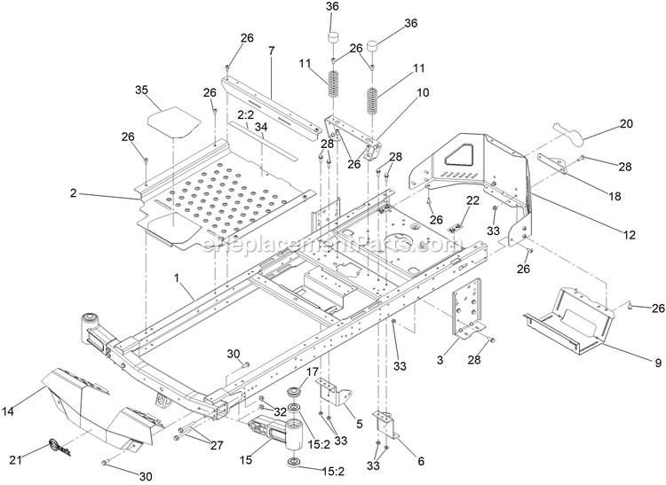 Main Frame Assembly Diagram and Parts List for QZS735GKC54200 (408644346-411294211)(2021) Exmark Lawn Mower
