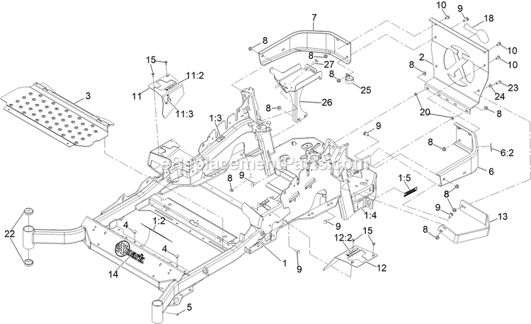 Main Frame Assembly Diagram and Parts List for LZX980EKC606W0 (411294212-999999999)(2022) Exmark Lawn Mower