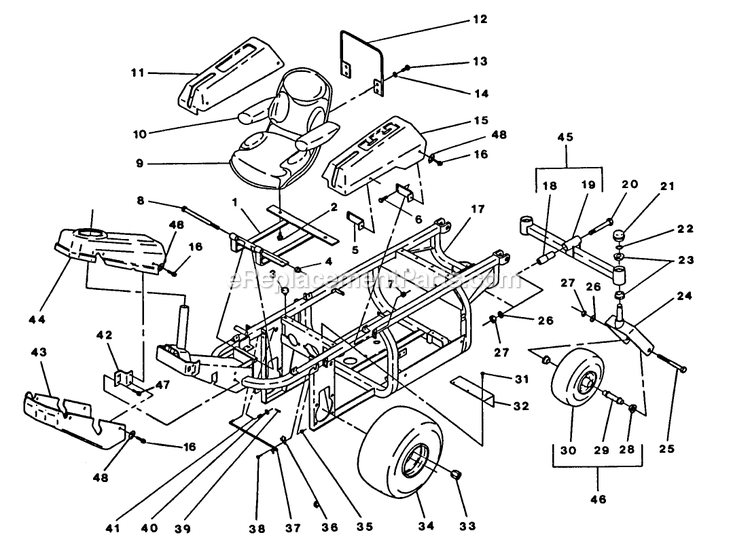 Main Frame Group Diagram and Parts List for EX1800  Exmark Lawn Mower
