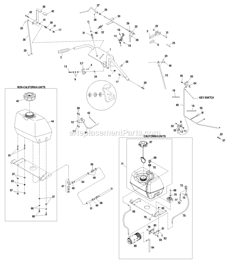 Pistol Grip Upper Handles And Controls Diagram and Parts List for M16KA362P (850000-919999)(2010) Exmark Lawn Mower