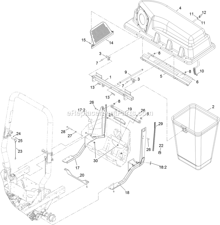 Bagger Top And Mounting Assembly Diagram and Parts List for 135-2604 (408644346-411294211)(2021) Exmark Lawn Tractor Accessories