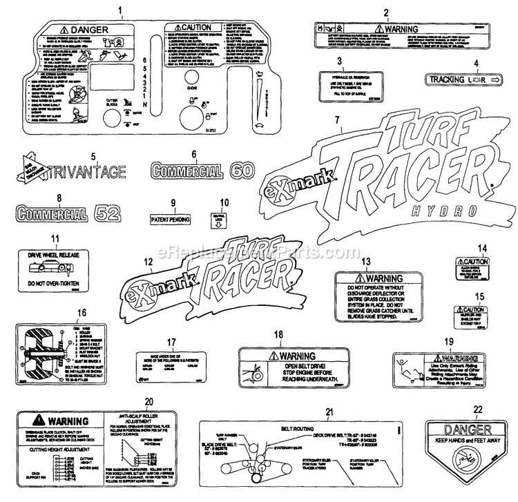 Decals Diagram and Parts List for TT19KA (190000-219999)(1999) Exmark Lawn Mower