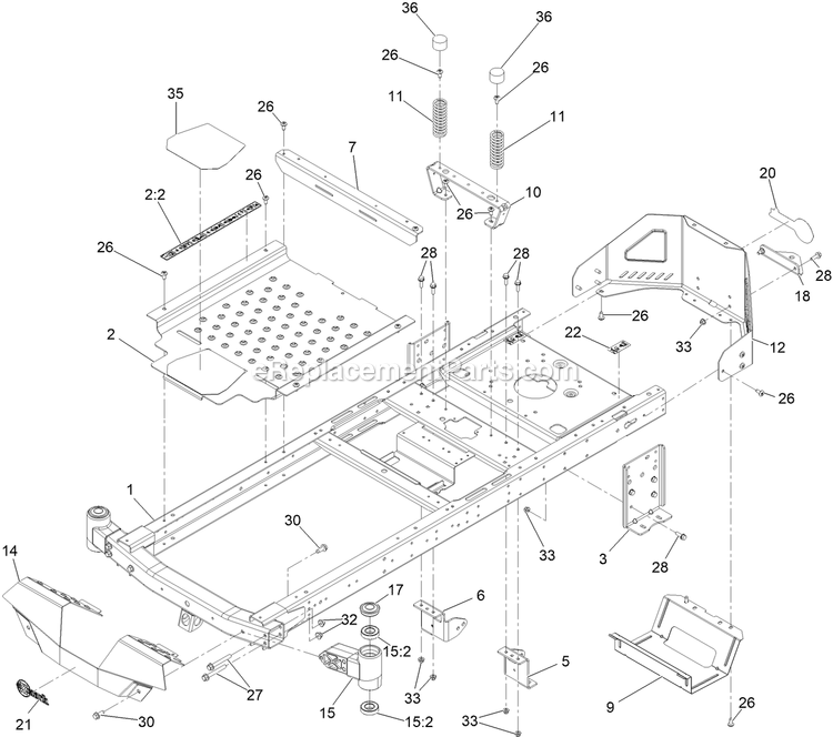 Main Frame Assembly Diagram and Parts List for QZE725GKC42200 (411294212-999999999)(2022) Exmark Lawn Mower