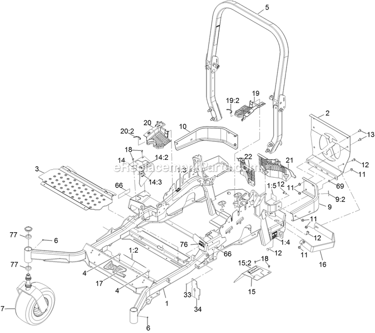 Main Frame Assembly Diagram and Parts List for LZS749EKC604SS (314000000-314999999)(2014) Exmark Lawn Mower