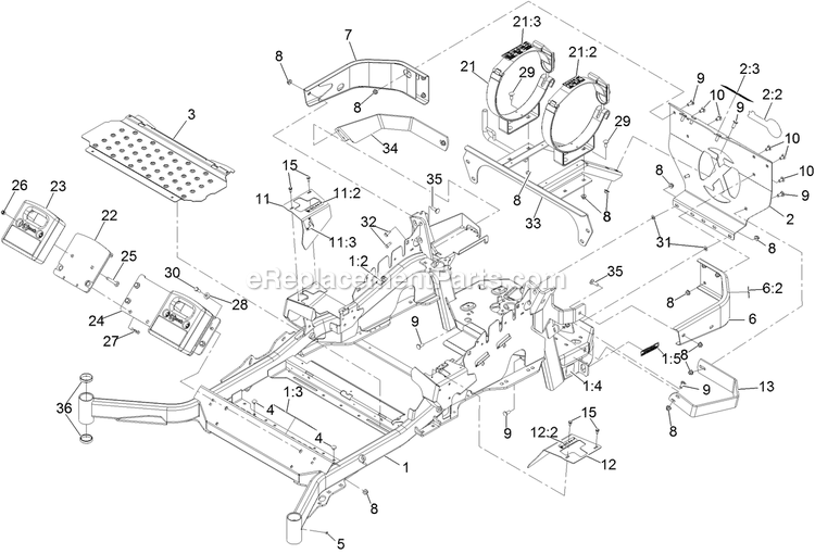 Main Frame Assembly Diagram and Parts List for LZS740PKC72400 (404314159-406294344)(2019) Exmark Lawn Mower