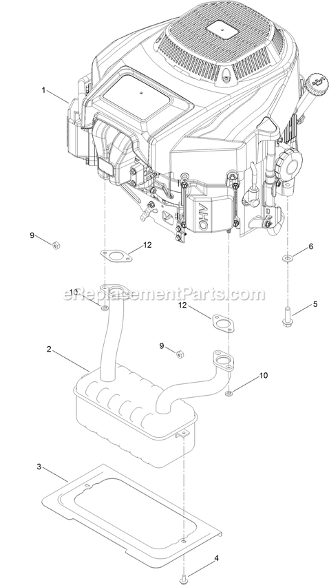 Engine And Muffler Assembly Diagram and Parts List for QZE702GEM34200 (404314159-406294344)(2019) Exmark Lawn Mower