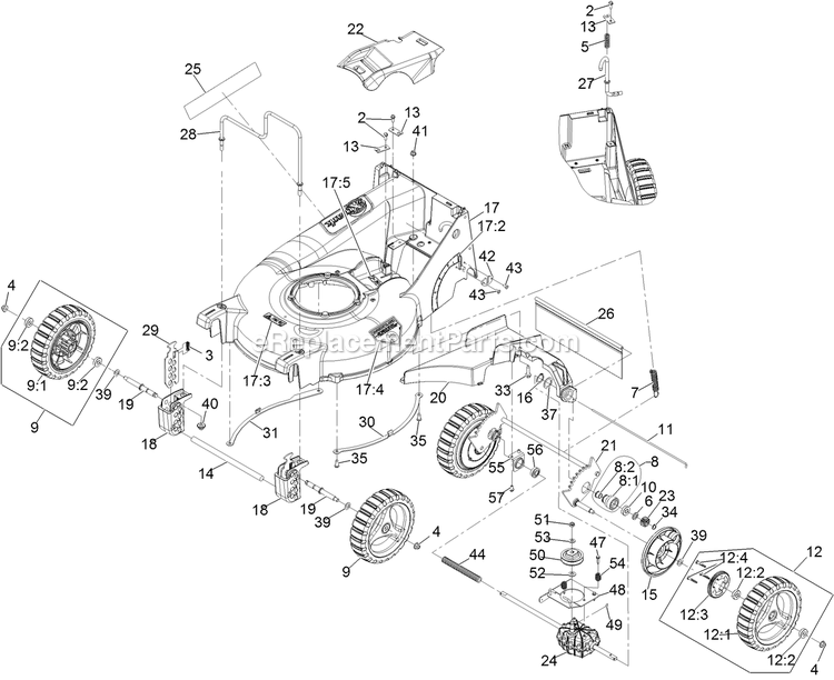 Deck And Wheel Assembly Diagram and Parts List for ECX160CHN21000 (402082300-404314158)(2018) Exmark Lawn Mower