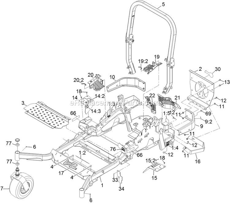 Main Frame Assembly Diagram and Parts List for LZS742KC604 (314000000-314999999)(2014) Exmark Lawn Mower