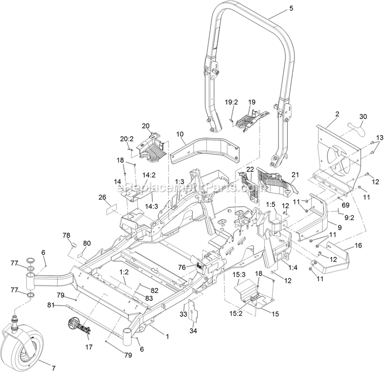 Main Frame Assembly Diagram and Parts List for LZE801GKA604B1 (316000000-399999999)(2016) Exmark Lawn Mower