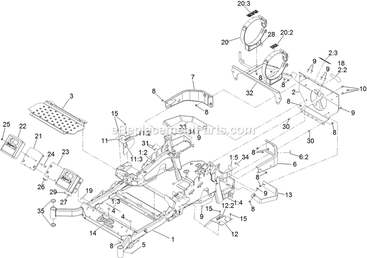 Main Frame Assembly Diagram and Parts List for LZS740PKC60400 (315000000-315999999)(2015) Exmark Lawn Mower