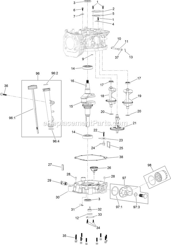 Crankcase Assembly Diagram and Parts List for QTS452CEM34200 (400000000-402082299)(2017) Exmark Lawn Mower