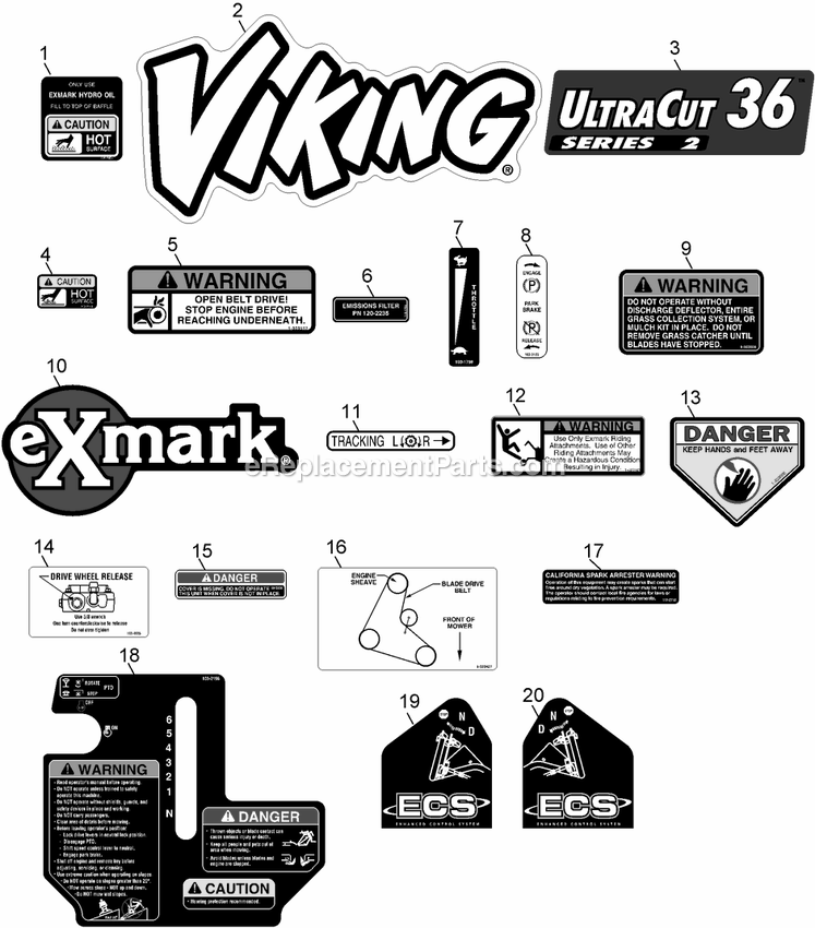 Decals Diagram and Parts List for VH481KA362CA (312000000-312999999)(2012) Exmark Lawn Mower