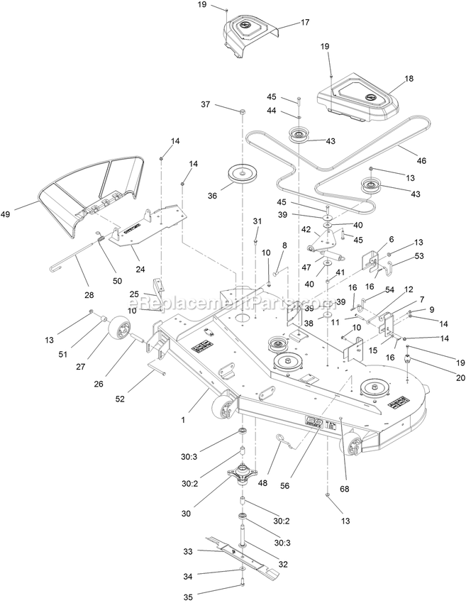 Deck Assembly Diagram and Parts List for QZS708GEM60200 (402082300-404314158)(2018) Exmark Lawn Mower