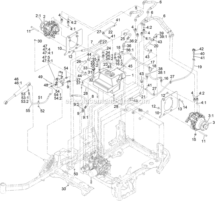 Hydraulic Drive Assembly Diagram and Parts List for LZS88CDYM96RW0 (408644346-411294211)(2021) Exmark Lawn Mower