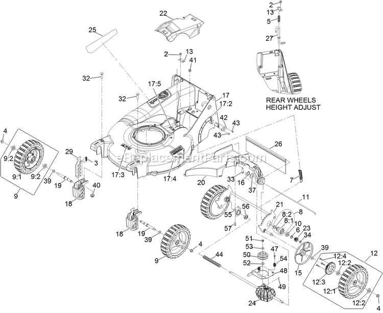Deck And Wheel Assembly Diagram and Parts List for ECS180GKA21000 (315000000-315999999)(2015) Exmark Lawn Mower