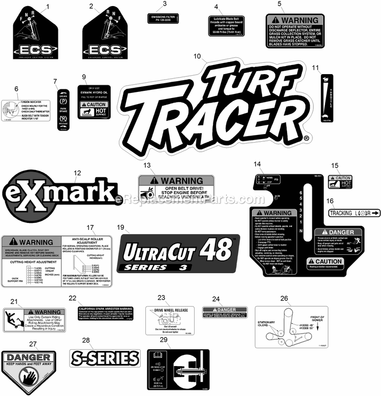 Decals Diagram and Parts List for TTS481KA483 (314000000-314999999)(2014) Exmark Lawn Mower