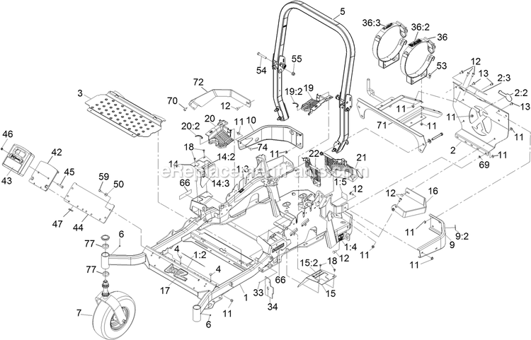 Main Frame Assembly Diagram and Parts List for LZS740PKC524 (314000000-314999999)(2014) Exmark Lawn Mower