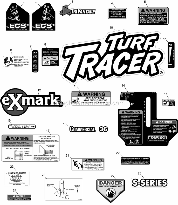Decals Diagram and Parts List for TTS16KA363CA (920000-999999)(2011) Exmark Lawn Mower