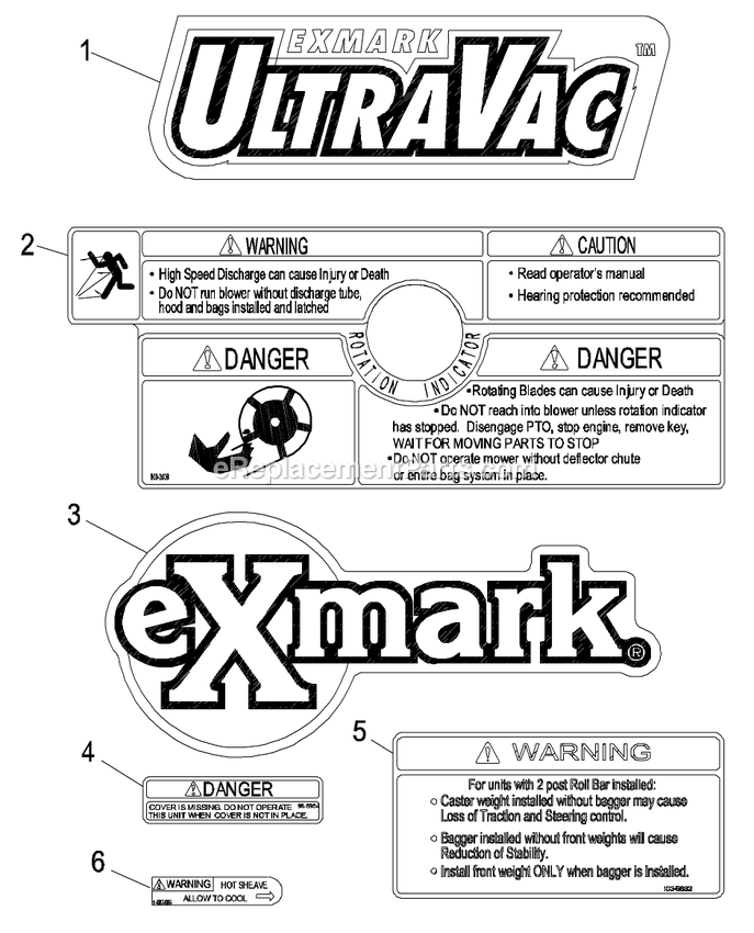 Decals Diagram and Parts List for LHPUV4448 (440000-509999)(2004) Exmark Lawn Tractor Accessories