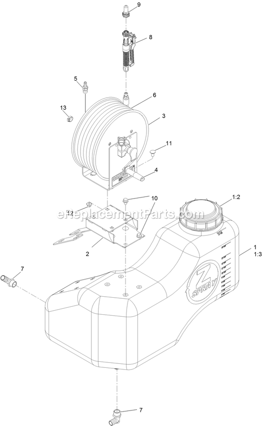 Hose Reel Tank Assembly Diagram and Parts List for 34224 400000000-999999999 Exmark Sprayer