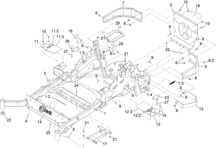 Main Frame Assembly Diagram and Parts List for LZX801CKA606C1 (411294212-999999999)(2022) Exmark Lawn Mower
