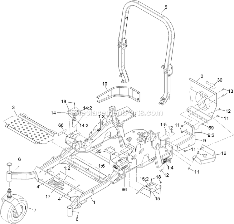 Main Frame Assembly Diagram and Parts List for LZE740KC604 (312000000-312999999)(2012) Exmark Lawn Mower