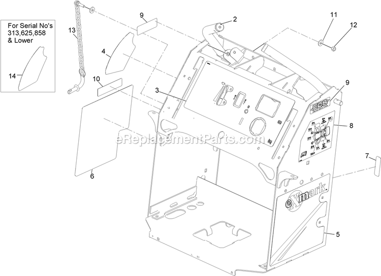 Tower Assembly With Decals Diagram and Parts List for VTX740EKC604 (313000000-313999999)(2013) Exmark Lawn Mower