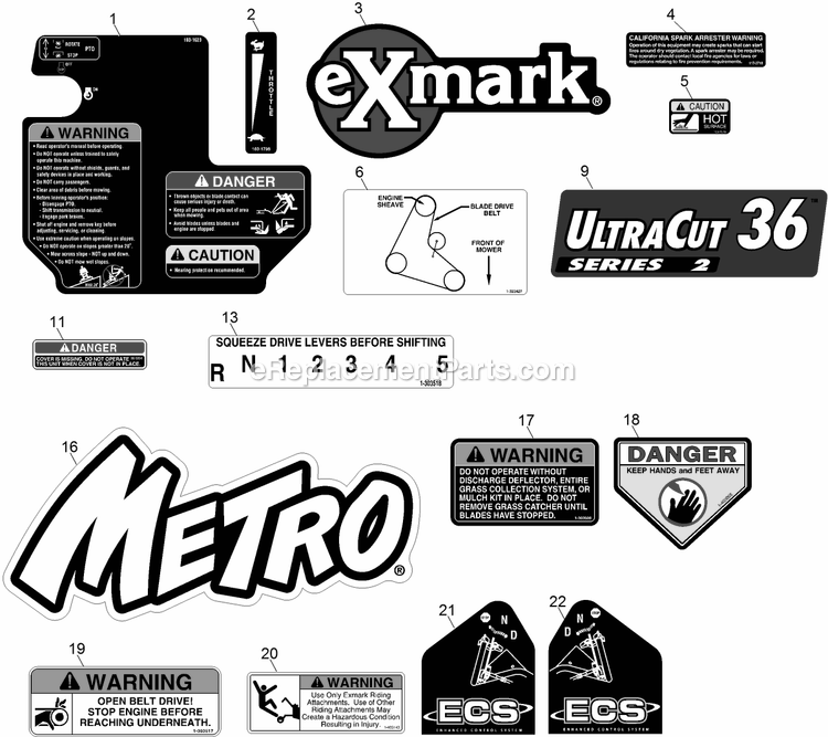 Decals Diagram and Parts List for MG481KA362CA (313000000-313999999)(2013) Exmark Lawn Mower