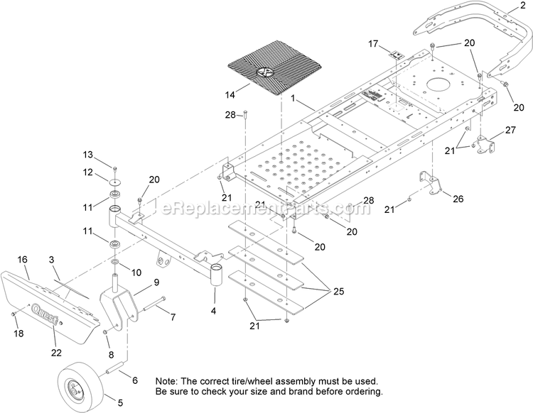 Main Frame And Front Axle Assembly Diagram and Parts List for QT22KA421 (920000-999999)(2011) Exmark Lawn Mower