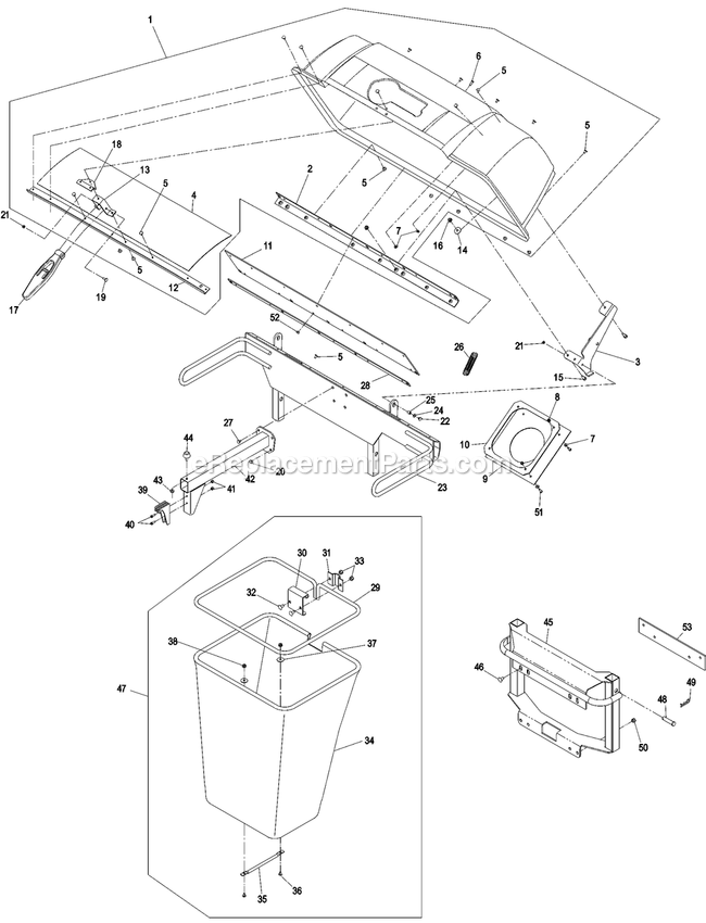Hood And Bag Assembly Diagram and Parts List for LHPUV5256 (850000-And Higher)(2010) Exmark Lawn Tractor Accessories