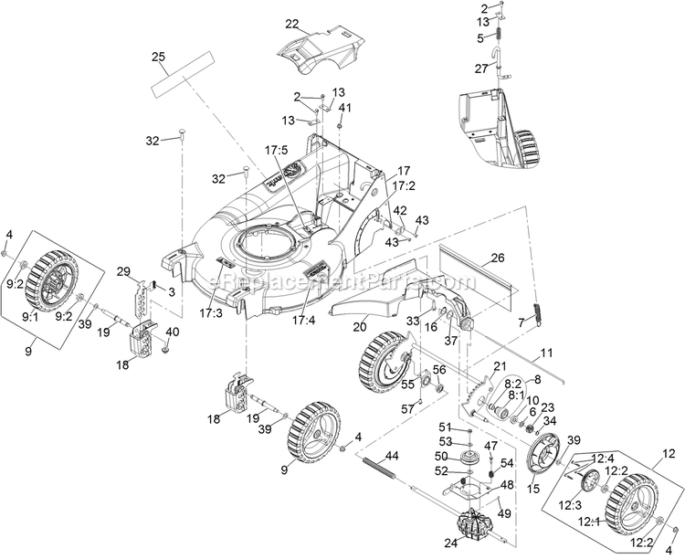 Deck And Wheel Assembly Diagram and Parts List for ECS180GKA21000 (402082300-404314158)(2018) Exmark Lawn Mower