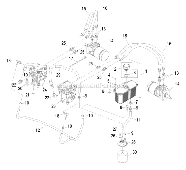 Hydraulics Group Diagram and Parts List for TT23KCE (600000-669999)(2006) Exmark Lawn Mower