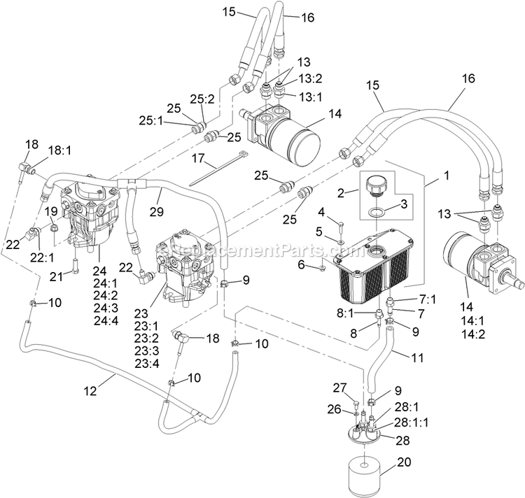 Hydraulics Assembly Diagram and Parts List for TTX650EKCE604 (313000000-313999999)(2013) Exmark Lawn Mower