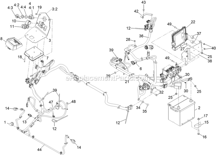 Electrical Assembly Diagram and Parts List for LZS88CDYM96RW0 (406294345-408644345)(2020) Exmark Lawn Mower