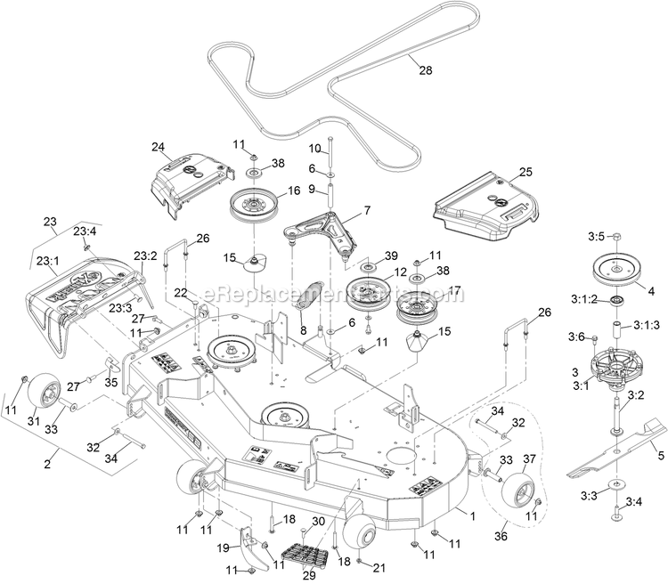 Deck Assembly Diagram and Parts List for RAE708GEM52300 (404314159-406294344)(2019) Exmark Lawn Mower