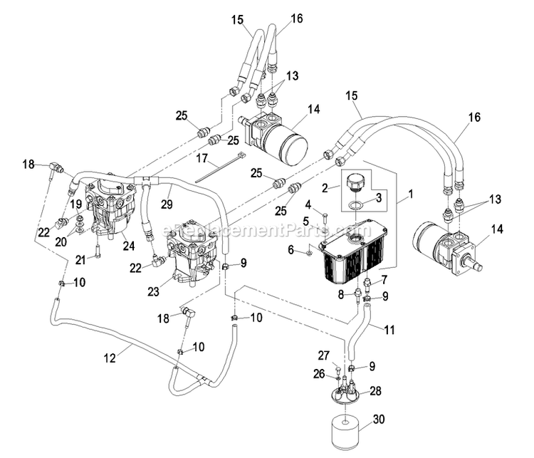 Hydraulics Group Diagram and Parts List for TT23KAECA (790000-849999)(2009) Exmark Lawn Mower
